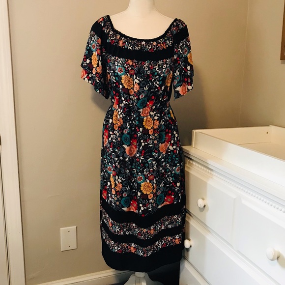 LOFT Midi Floral Peasant Boho 3-Season Flowy Black Floral Dress (MED) LIKE NEW! - Picture 2 of 7